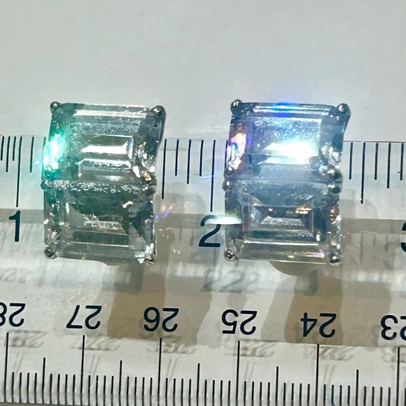 Carlisle Large Emerald Cut Crystal Clip Earrings Double Baguette Rhodium NWOT - Picture 8 of 11
